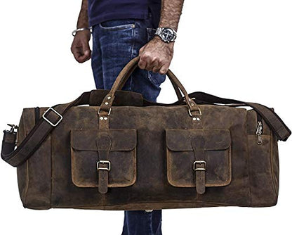 KomalC 28 Inch Leather Duffle Bag for Men & Women, Travel Gym Holdall - color: Distressed Brown, size: 28 Inches