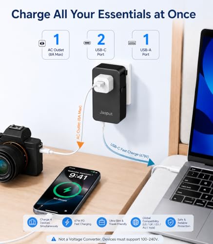 Jasput 67W Universal Travel Adapter, USB-C PD International Plug Adapter - color: Black+USBC 67W