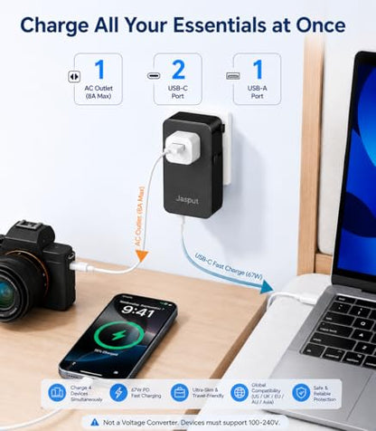 Jasput 67W Universal Travel Adapter, USB-C PD International Plug Adapter - color: Black+USBC 67W