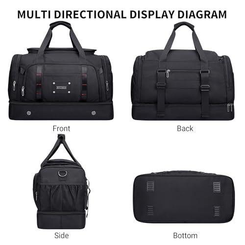 WITZMAN Travel Duffle Bag for Men 55L Nylon Weekender with Shoe Compartment - color: Black