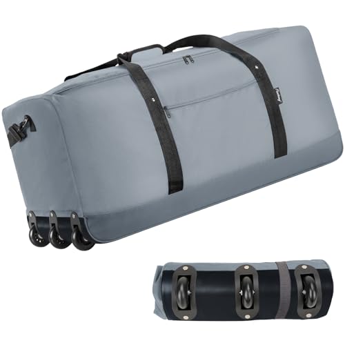 Finnhomy 120L Foldable Rolling Duffel Bag with 3 Wheels, Light Weight Travel Duffel bag with Large Loading Capacity, 32'' Rolling Duffel bag with Shoulder Strap - color: Grey