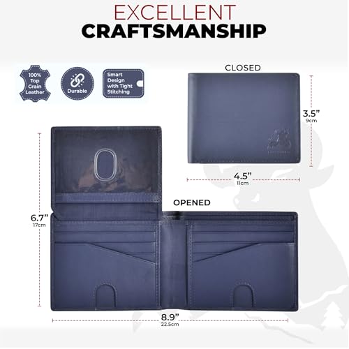 Mens RFID Blocking Bifold Wallet Napa Top Grain Leather, Secure and Durable Extra Capacity Billfold with 11 Credit Cards & Flip Up ID in Storm Cloud Blue with Tight Stitching, Quick Thumb Push Access - color: Power Blue - Storm Cloud Blue