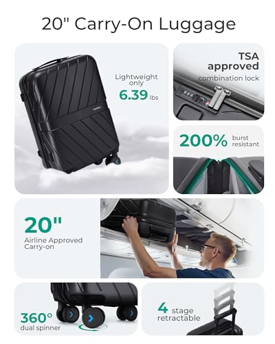 BAGSMART Carry On Luggage 22x14x9 Airline Approved With TSA Lock, 1OO% Polycarbonate Hardside Luggage with Spinner Wheels, Durable Hard Shell Carry On Suitcase 20 inch Black - color: Black, size: Carry On 20 Inch