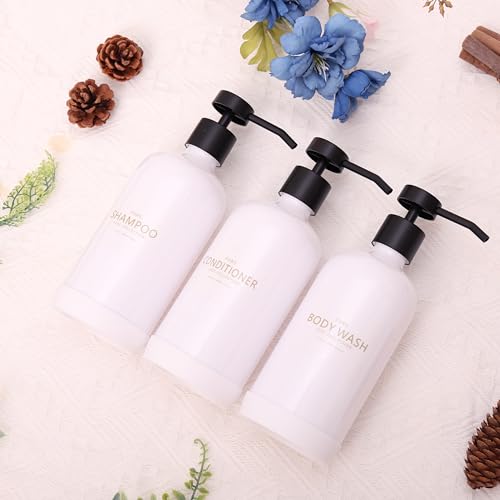 Shampoo and Conditioner Dispenser Set of 3 - color: White Bottles + Black Pumps
