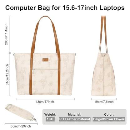 Laptop Tote Bag for Women 17 Inch, Waterproof Computer Bag for College - color: A3-beige/Brown Flower
