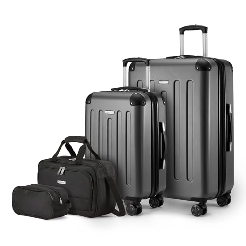 Amazon Basics 4-Piece Luggage Set, Hardside Suitcases with Spinner Wheels, 22" Carry On & 28" Checked, Tote Bag & Travel Bag, Black - color: Black, size: 4-Piece Luggage Set