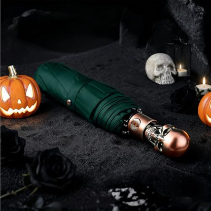 Skull Handle Windproof Travel Umbrella Compact Portable, Auto Open Close - color: 06.Dark Green