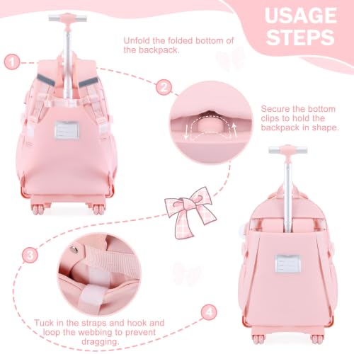 Bevalsa Rolling Backpack for Girls, Roller Backpack with Wheels | Cute Bow Wheeled School Bookbag Set with Lunch Bag & Pen Case, Suitcases for Kids Teens Elementary Middle Student - color: Pink Beige