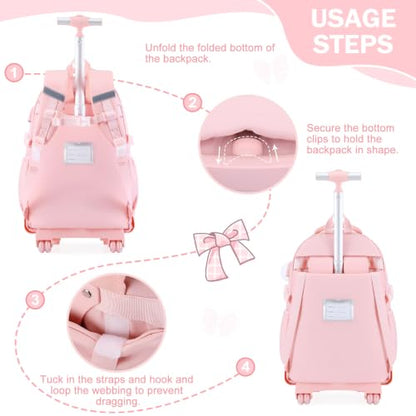 Bevalsa Rolling Backpack for Girls, Roller Backpack with Wheels | Cute Bow Wheeled School Bookbag Set with Lunch Bag & Pen Case, Suitcases for Kids Teens Elementary Middle Student - color: Pink Beige