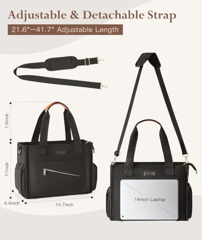 MeZO Canvas Tote Bag for Women, 16-Pocket Work Tote, Fits 14-Inch Laptop - color: Black