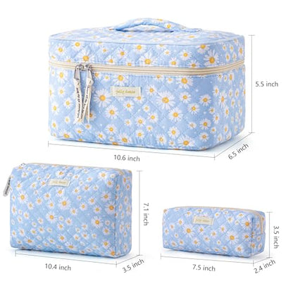 HBselect Quilted Makeup Bag, 3Pcs Cotton Large Travel Makeup Bags Organizer - color: A-3PCS-Daisy