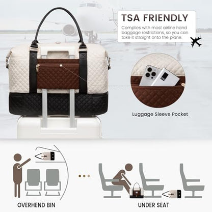 LOVEVOOK Travel Duffle Bag,Weekender Bags for Women with Shoe Compartment - color: Black＆white＆brown-a, size: Large-2 Pcs