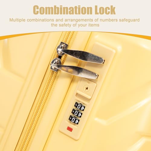 GDFStudio 20" ABS Hardshell Checked Luggage, Medium Capacity Travel Suitcase with Scratch Resistant Surface, 360° Silent Spinner Wheels, Combination Lock, Telescopic Handle and Side Hooks, Yellow - color: Yellow, size: 20In