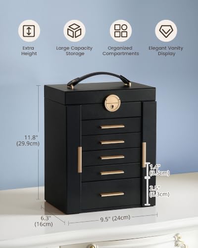 Lolalet Large Jewelry Box, 6-Layer Jewelry Organizer with 5 Drawers -Black - color: Black, size: 6-Layer (9.5" W × 6.3" D × 11.8" H)