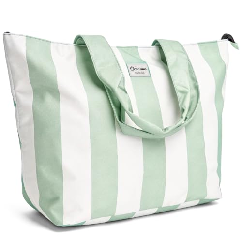 Oceanae Beach Bags Waterproof Sandproof, XL Large Pool Tote Bag with Zipper for Women - color: Mint Green + White