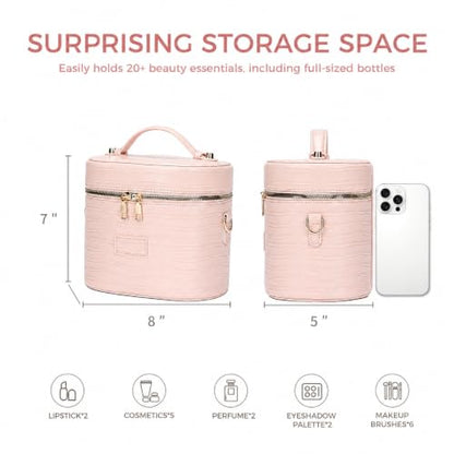 Leather Vanity Case Makeup Bag with Removable Divider, Washable Compartments, Dual Zipper & Carry Handle – Travel Toiletry Organizer for Women - color: Blush Pink