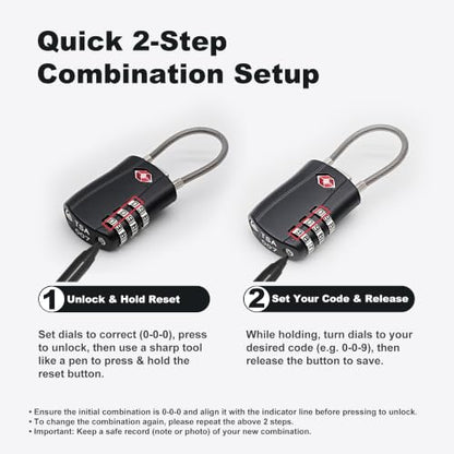 TSA Locks for Luggage, Small Padlock Combination with Cable, Luggage Locks TSA Approved, Combo Padlock with Code, for Travel Suitcase, Gym Locker, Gun Case, Backpack Zipper (Black+Black) - color: Black+Black