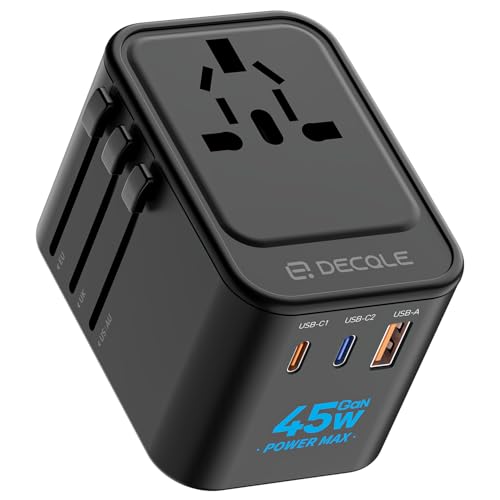 Universal Travel Adapter, 2 USB-C ＆ 1 USB-A, Cover 200+ Countries - color: Black, size: GaN45W