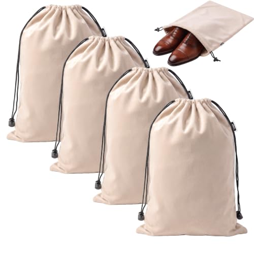 4 Pack Flannel Cloth Shoe Bags for Travel & Packing for Women & Men - color: Camel Beige