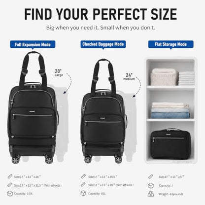 Verage Foldable Rolling Duffel Bag with Wheels, Expandable Travel Luggage - color: Black, size: Checked-In Pro (24-Inch Expands into 28-Inch)