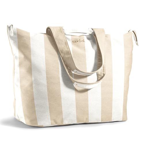 Fit & Fresh All The Things XL Beach Bag for Women, Oversized Travel Tote - color: Taupe Stripe