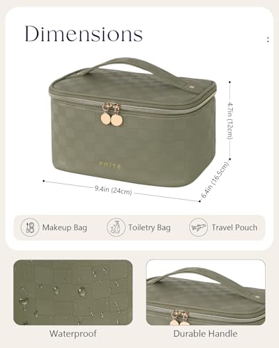 Prite Makeup Bag Travel Cosmetic Case, Women Toiletry Bag, Checkered Green - color: Checkered Green