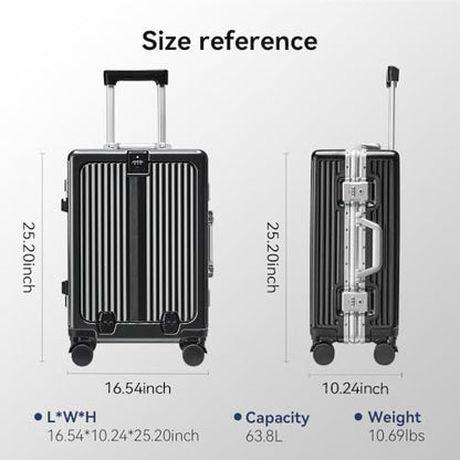 24 Inch Aluminum Frame Luggage with Front Pocket, Black - color: Black, size: 24 Inch
