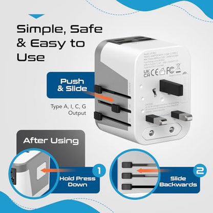 Ceptics Universal Power Adapter - 2 USB-A + 2 USB-C with Universal Socket - color: Grey/White