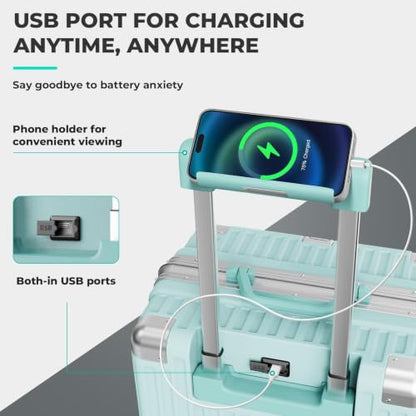 컵 홀더 및 듀얼 USB 포트가 있는 지퍼 없는 휴대용 수하물, 항공사 승인 하드 쉘 슈트케이스, TSA 잠금 장치, 민트 그린., 20인치, 기내용 - color: 민트 그린., size: 20인치
