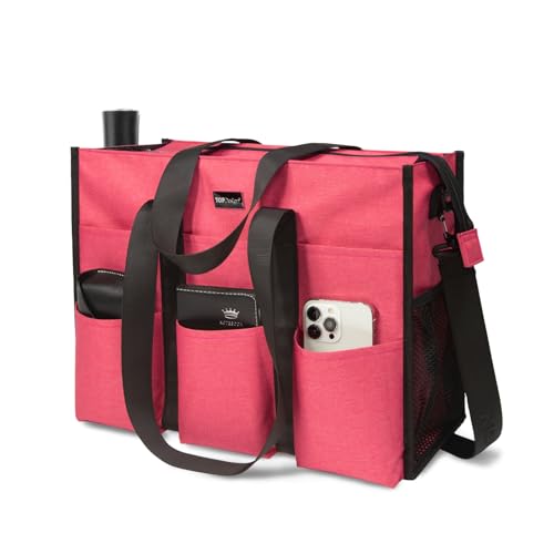 TOPDesign Utility Water Resistant Tote Bag with 22 Pockets, Zipper Closure - color: Light Red, size: Medium