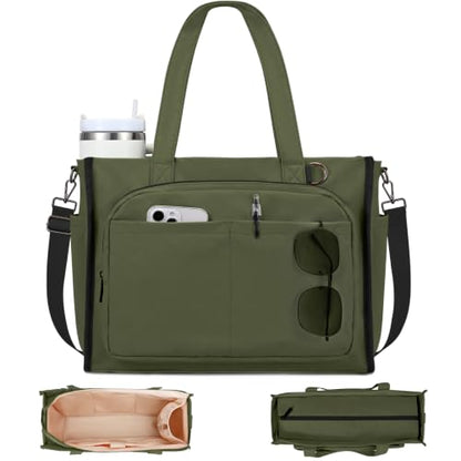 oscaurt Work Tote Bag for Women, 18 Pocket Laptop Tote, 15.6" Compartment - color: Army Green