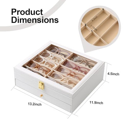 20 Slots PU Leather Sunglasses Organizer Jewelry Box,Multiple Pairs of Large Sunglasses Case Holder with Clear Lid - color: White
