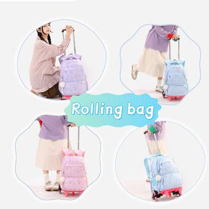 Star Print Green Rolling Backpack for Girls Kids Bag with Wheels - color: 2 Wheels 05 Green, style: 2 Wheels