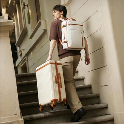 3 Piece Carry On Luggage Set with Backpack, White-Brown | PC+ABS Travel Suitcase Sets Hardshell Rolling Luggage Lightweight Durable - color: White-Brown, size: 20''/BP/TB