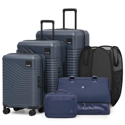 Coolife Luggage Set: 3 Suitcases, Duffel Bag, Toiletry Bag, Pop-Up Hamper - color: Navy, size: 6-Piece Set