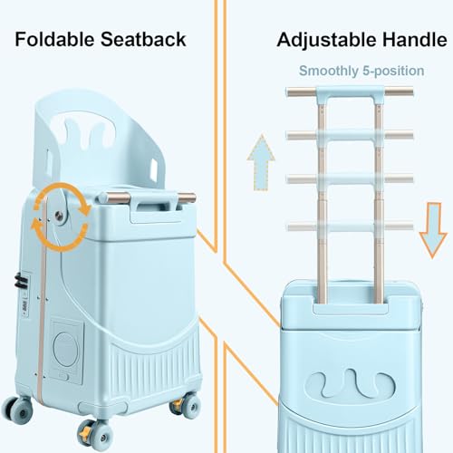 Ride On Luggage for Kids with Foldable Seat & Backrest, 20 Inch Carry On Suitcase for Toddlers, Hardshell Travel Trolley with Front Opening & Spinner Wheels, TSA Lock, Blue - color: Blue