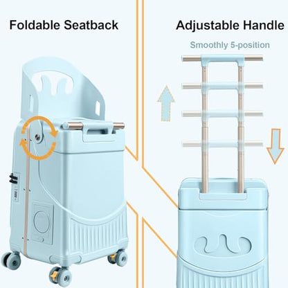 Ride On Luggage for Kids with Foldable Seat & Backrest, 20 Inch Carry On Suitcase for Toddlers, Hardshell Travel Trolley with Front Opening & Spinner Wheels, TSA Lock, Blue - color: Blue
