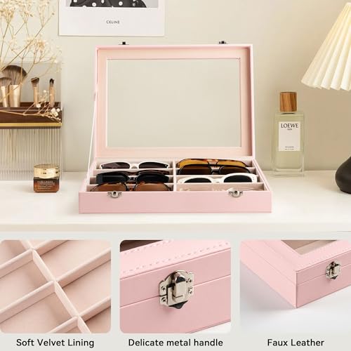 Frebeauty 8-Slot Sunglass Organizer,Sunglass Holder with Clear Lid - color: Pink, size: With Lid