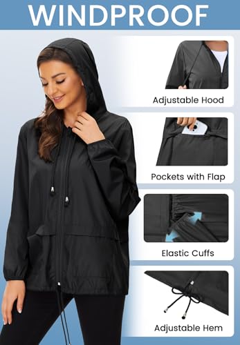 Zando Lightweight Rain Jacket Women Packable Waterproof Raincoat with Hood - color: Solid Black, size: XX-Large