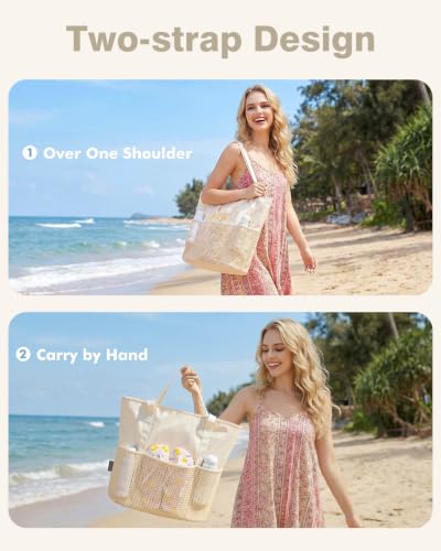 KABAQOO Large Beach Bag Waterproof Sandproof Tote Bag for Women with Zipper & Mesh Pockets for Pool Swim Travel Everyday - color: Beige