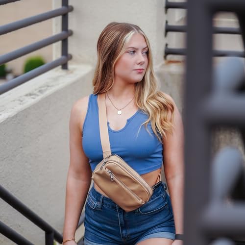 Jessie & James Crossbody Nylon Waist Pack with Adjustable Buckle Strap Fashion Multi Pocket Belt Bag| Brown - color: Brown