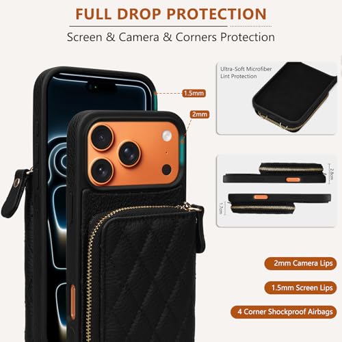 Wallet Case for iPhone 18 Pro Max/iPhone 17 Pro Max 6.9", Genuine Leather Crossbody Zipper Purse with 4 Card Slots & RFID Blocking, Wrist Strap Lanyard Kickstand Flip Cover Black - color: Black, size: 6.9" iPhone 18 Pro Max/17 Pro Max