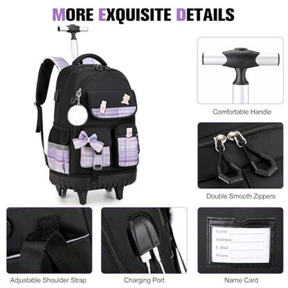 ACESAK Rolling Bow Backpack for Girls with Lunch Bag & Pencil Pouch - color: Black