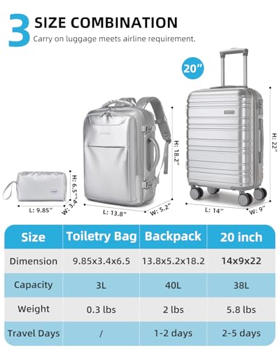 LARVENDER Carry on Luggage Sets 3 Piece, 20 Inch Suitcases, Glossy Silver - color: Glossy Silver (XL-BP), size: 3 Piece Set (Backpack/TB/20)