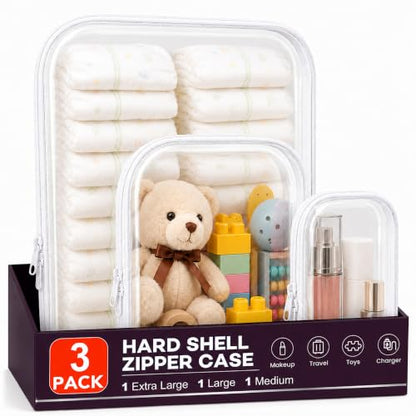 3 Pack Clear Hard Shell Zipper Case (1XL + 1L + 1M, White) - color: White(XL+L+M)