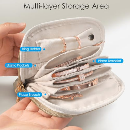 SITHON Small Travel Jewelry Case with Ring Holder, Mini Jewelry Pouch Bags - color: Toffee