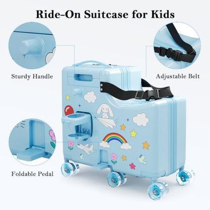 Ride on Suitcase for Kids, Hard Shell Kids Luggage with Belt, Foldable Pedal & Front Grab Handles, Hidden Cup Holder, TSA Lock, 6 Spinner Wheels, Kids Carry on Suitcase for Travel, Blue - color: Blue