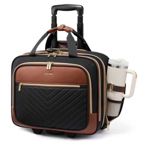 LOVEVOOK Rolling Laptop Bag for Women, Underseat Carry On Bag with Wheels - color: V Quilted-Black-Brown