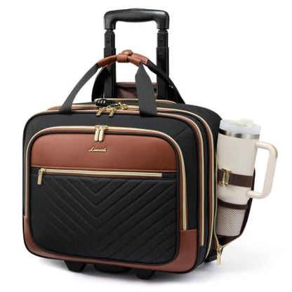 LOVEVOOK Rolling Laptop Bag for Women, Underseat Carry On Bag with Wheels - color: V Quilted-Black-Brown