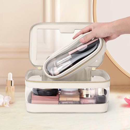 Soimeat Travel Clear Makeup Bag with Makeup Brush Bag, Leather Make up Case Toiletry Bag, Portable Cosmetic Bag Case, Transparent Waterproof Cosmetic Organizer Storage Bag for Women, Off-White - size: L